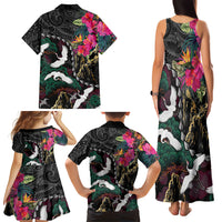 Hawaiian and Japanese Culture Family Matching Tank Maxi Dress and Hawaiian Shirt Crane Sakura Hibiscus Tropical Vibes LT14 Mom's Dress Black - Polynesian Pride