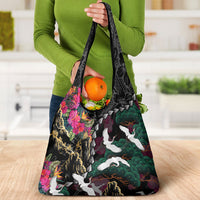 Hawaiian and Japanese Culture Grocery Bag Crane Sakura Hibiscus Tropical Vibes
