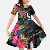 Hawaiian and Japanese Culture Kid Short Sleeve Dress Crane Sakura Hibiscus Tropical Vibes