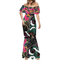 Hawaiian and Japanese Culture Mermaid Dress Crane Sakura Hibiscus Tropical Vibes