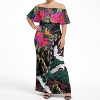 Hawaiian and Japanese Culture Off Shoulder Maxi Dress Crane Sakura Hibiscus Tropical Vibes LT14 Women Black - Polynesian Pride