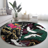 Hawaiian and Japanese Culture Round Carpet Crane Sakura Hibiscus Tropical Vibes