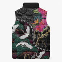 Hawaiian and Japanese Culture Sleeveless Puffer Jacket Crane Sakura Hibiscus Tropical Vibes