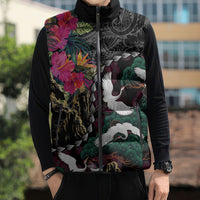 Hawaiian and Japanese Culture Sleeveless Puffer Jacket Crane Sakura Hibiscus Tropical Vibes