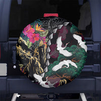 Hawaiian and Japanese Culture Spare Tire Cover Crane Sakura Hibiscus Tropical Vibes
