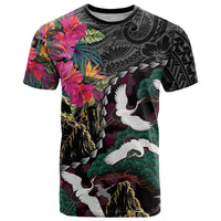 Hawaiian and Japanese Culture T Shirt Crane Sakura Hibiscus Tropical Vibes
