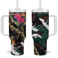Hawaiian and Japanese Culture Tumbler With Handle Crane Sakura Hibiscus Tropical Vibes