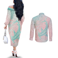 Baby Pink Gradient Polynesia Couples Matching Off The Shoulder Long Sleeve Dress and Long Sleeve Button Shirt Hawaiian Tribal Hammerhead Shark Tattoo