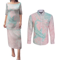 Baby Pink Gradient Polynesia Couples Matching Puletasi and Long Sleeve Button Shirt Hawaiian Tribal Hammerhead Shark Tattoo LT14 Baby Pink - Polynesian Pride