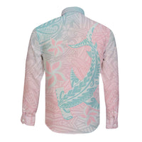 Baby Pink Gradient Polynesia Long Sleeve Button Shirt Hawaiian Tribal Hammerhead Shark Tattoo