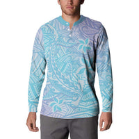 Baby Blue Gradient Polynesia Button Sweatshirt Hawaiian Tribal Hammerhead Shark Tattoo LT14 - Polynesian Pride
