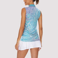 Baby Blue Gradient Polynesia Women Sleeveless Polo Shirt Hawaiian Tribal Hammerhead Shark Tattoo