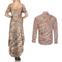Pink Gradient Polynesia Couples Matching Summer Maxi Dress and Long Sleeve Button Shirt Hawaiian Tribal Hammerhead Shark Tattoo