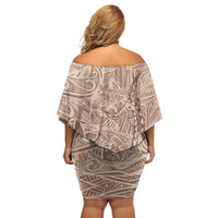 Pastel Brown Polynesia Off Shoulder Short Dress Hawaiian Tribal Hammerhead Shark Tattoo LT14 - Polynesian Pride
