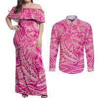 Beige Gradient Polynesia Couples Matching Off Shoulder Maxi Dress and Long Sleeve Button Shirt Hawaiian Tribal Hammerhead Shark Tattoo LT14 Beige - Polynesian Pride
