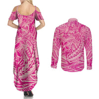 Beige Gradient Polynesia Couples Matching Summer Maxi Dress and Long Sleeve Button Shirt Hawaiian Tribal Hammerhead Shark Tattoo LT14 - Polynesian Pride