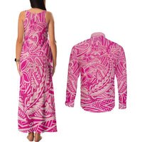 Beige Gradient Polynesia Couples Matching Tank Maxi Dress and Long Sleeve Button Shirt Hawaiian Tribal Hammerhead Shark Tattoo LT14 - Polynesian Pride
