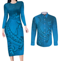 Blue Gradient Polynesia Couples Matching Long Sleeve Bodycon Dress and Long Sleeve Button Shirt Hawaiian Tribal Hammerhead Shark Tattoo LT14 Blue - Polynesian Pride