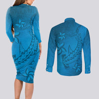 Blue Gradient Polynesia Couples Matching Long Sleeve Bodycon Dress and Long Sleeve Button Shirt Hawaiian Tribal Hammerhead Shark Tattoo LT14 - Polynesian Pride