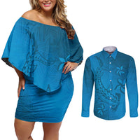 Blue Gradient Polynesia Couples Matching Off Shoulder Short Dress and Long Sleeve Button Shirt Hawaiian Tribal Hammerhead Shark Tattoo LT14 Blue - Polynesian Pride