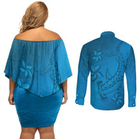 Blue Gradient Polynesia Couples Matching Off Shoulder Short Dress and Long Sleeve Button Shirt Hawaiian Tribal Hammerhead Shark Tattoo LT14 - Polynesian Pride
