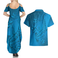 Blue Gradient Polynesia Couples Matching Summer Maxi Dress and Hawaiian Shirt Hawaiian Tribal Hammerhead Shark Tattoo LT14 - Polynesian Pride