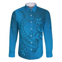 Blue Gradient Polynesia Family Matching Off The Shoulder Long Sleeve Dress and Hawaiian Shirt Hawaiian Tribal Hammerhead Shark Tattoo