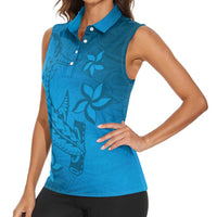 Blue Gradient Polynesia Women Sleeveless Polo Shirt Hawaiian Tribal Hammerhead Shark Tattoo