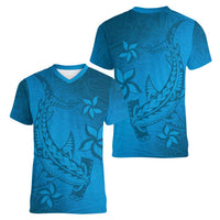 Blue Gradient Polynesia Women V-Neck T-Shirt Hawaiian Tribal Hammerhead Shark Tattoo