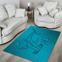 Dark Cyan Gradient Polynesia Area Rug Hawaiian Tribal Hammerhead Shark Tattoo