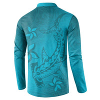 Dark Cyan Gradient Polynesia Button Sweatshirt Hawaiian Tribal Hammerhead Shark Tattoo LT14 - Polynesian Pride