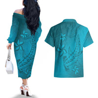 Dark Cyan Gradient Polynesia Couples Matching Off The Shoulder Long Sleeve Dress and Hawaiian Shirt Hawaiian Tribal Hammerhead Shark Tattoo LT14 - Polynesian Pride