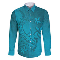 Dark Cyan Gradient Polynesia Family Matching Summer Maxi Dress and Hawaiian Shirt Hawaiian Tribal Hammerhead Shark Tattoo LT14 Dad's Shirt - Long Sleeve Dark Cyan - Polynesian Pride