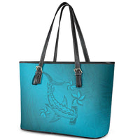 Dark Cyan Gradient Polynesia Leather Tote Bag Hawaiian Tribal Hammerhead Shark Tattoo LT14 - Polynesian Pride