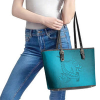 Dark Cyan Gradient Polynesia Leather Tote Bag Hawaiian Tribal Hammerhead Shark Tattoo LT14 - Polynesian Pride