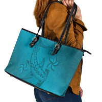 Dark Cyan Gradient Polynesia Leather Tote Bag Hawaiian Tribal Hammerhead Shark Tattoo LT14 - Polynesian Pride