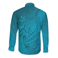 Dark Cyan Gradient Polynesia Long Sleeve Button Shirt Hawaiian Tribal Hammerhead Shark Tattoo