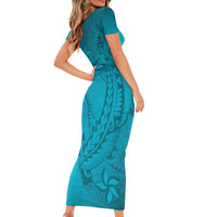 Dark Cyan Gradient Polynesia Short Sleeve Bodycon Dress Hawaiian Tribal Hammerhead Shark Tattoo