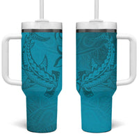 Dark Cyan Gradient Polynesia Tumbler With Handle Hawaiian Tribal Hammerhead Shark Tattoo LT14 One Size: 40 oz Dark Cyan - Polynesian Pride