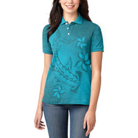 Dark Cyan Gradient Polynesia Women Polo Shirt Hawaiian Tribal Hammerhead Shark Tattoo