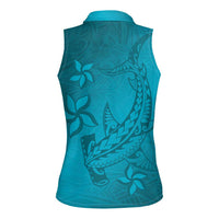 Dark Cyan Gradient Polynesia Women Sleeveless Polo Shirt Hawaiian Tribal Hammerhead Shark Tattoo