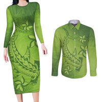 Green Gradient Polynesia Couples Matching Long Sleeve Bodycon Dress and Long Sleeve Button Shirt Hawaiian Tribal Hammerhead Shark Tattoo LT14 Green - Polynesian Pride