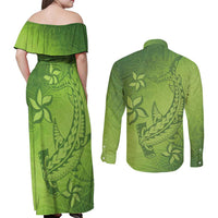 Green Gradient Polynesia Couples Matching Off Shoulder Maxi Dress and Long Sleeve Button Shirt Hawaiian Tribal Hammerhead Shark Tattoo LT14 - Polynesian Pride