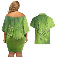 Green Gradient Polynesia Couples Matching Off Shoulder Short Dress and Hawaiian Shirt Hawaiian Tribal Hammerhead Shark Tattoo LT14 - Polynesian Pride