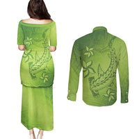 Green Gradient Polynesia Couples Matching Puletasi and Long Sleeve Button Shirt Hawaiian Tribal Hammerhead Shark Tattoo LT14 - Polynesian Pride