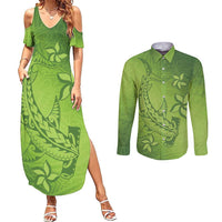 Green Gradient Polynesia Couples Matching Summer Maxi Dress and Long Sleeve Button Shirt Hawaiian Tribal Hammerhead Shark Tattoo LT14 Green - Polynesian Pride