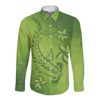 Green Gradient Polynesia Long Sleeve Button Shirt Hawaiian Tribal Hammerhead Shark Tattoo LT14 Unisex Green - Polynesian Pride