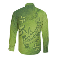 Green Gradient Polynesia Long Sleeve Button Shirt Hawaiian Tribal Hammerhead Shark Tattoo LT14 - Polynesian Pride