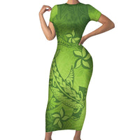 Green Gradient Polynesia Short Sleeve Bodycon Dress Hawaiian Tribal Hammerhead Shark Tattoo