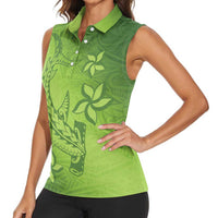 Green Gradient Polynesia Women Sleeveless Polo Shirt Hawaiian Tribal Hammerhead Shark Tattoo